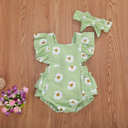 Baby Girls Daisy Playsuits Ruffled Bodysuit+Headband Print Fly Sleeve Romper Floral Jumpsuit Infant Summer Clothes