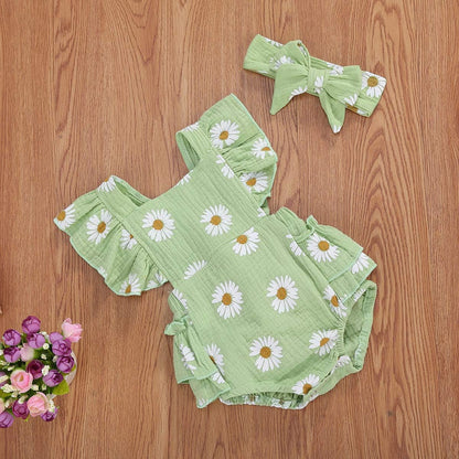 Baby Girls Daisy Playsuits Ruffled Bodysuit+Headband Print Fly Sleeve Romper Floral Jumpsuit Infant Summer Clothes