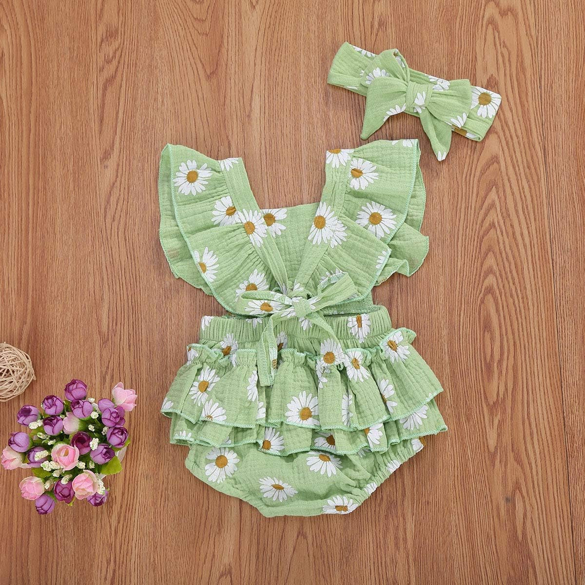 Baby Girls Daisy Playsuits Ruffled Bodysuit+Headband Print Fly Sleeve Romper Floral Jumpsuit Infant Summer Clothes